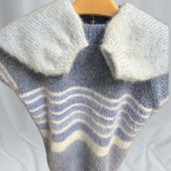 Blue and White Striped Fuzzy Sweater, Soft Women’s Knit Pullover Cozy - Picture 3 of 11